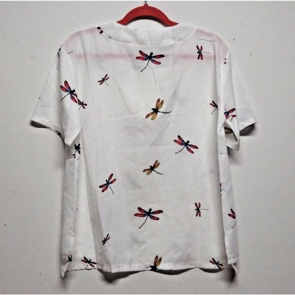 Women's White Dragonfly Print V-Neck Blouse Short Sleeve Size XL/2XL - Picture 2 of 8